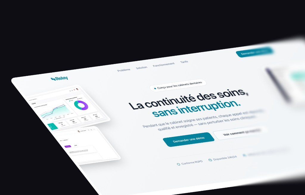 Landing page Relay — solution pour cabinets dentaires, tableau de bord et démo